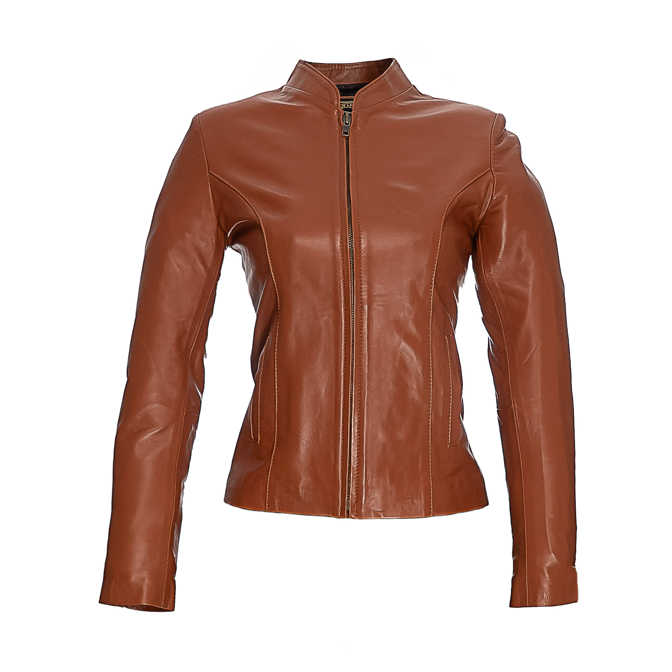 Brown woman leather jacket photographed on white background using ghost mannequin, zipper closed