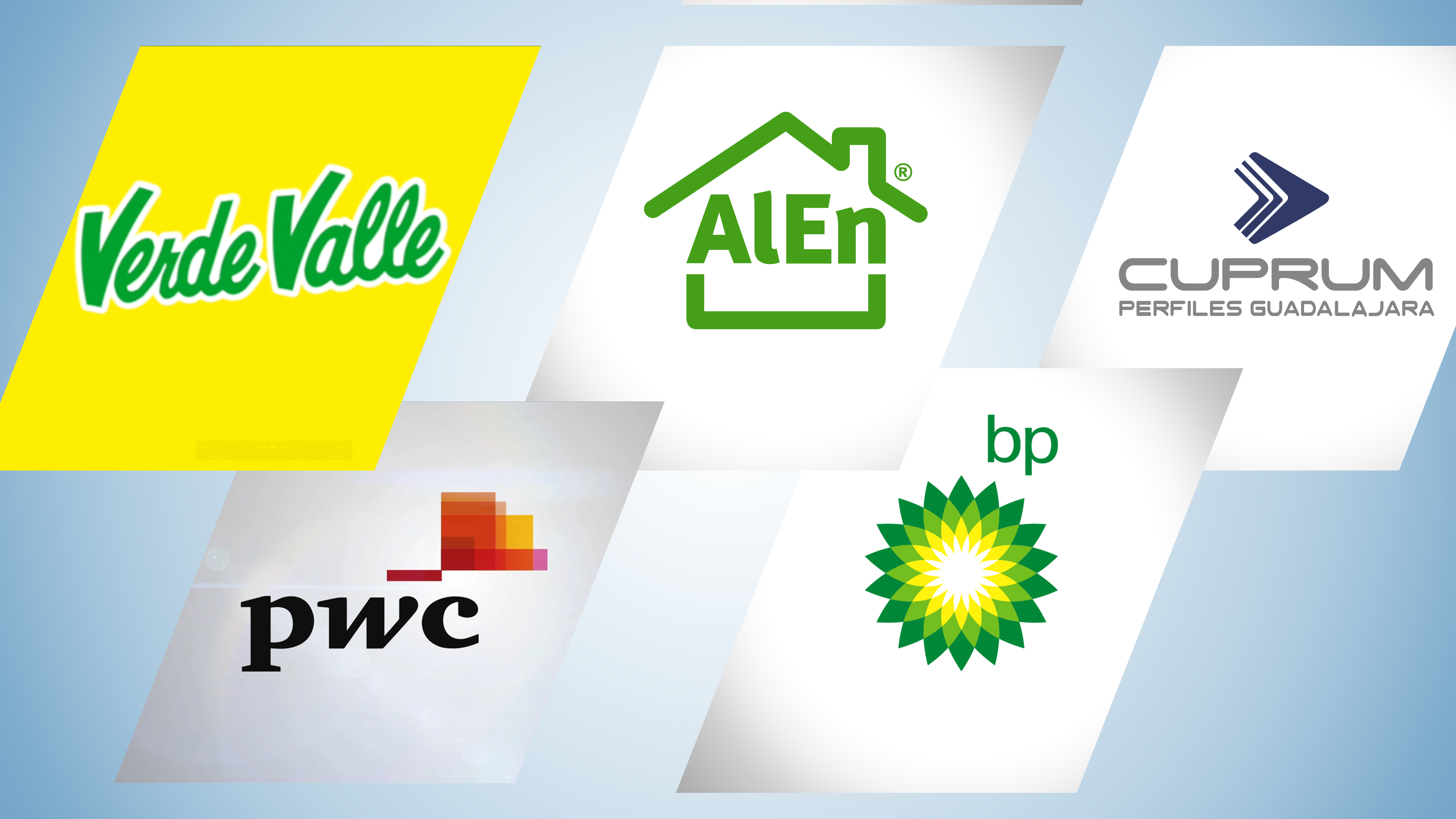 Animated logo reel featuring motion design projects for brands including Alen, PwC, Cuprum, Verde Valle, and BP.